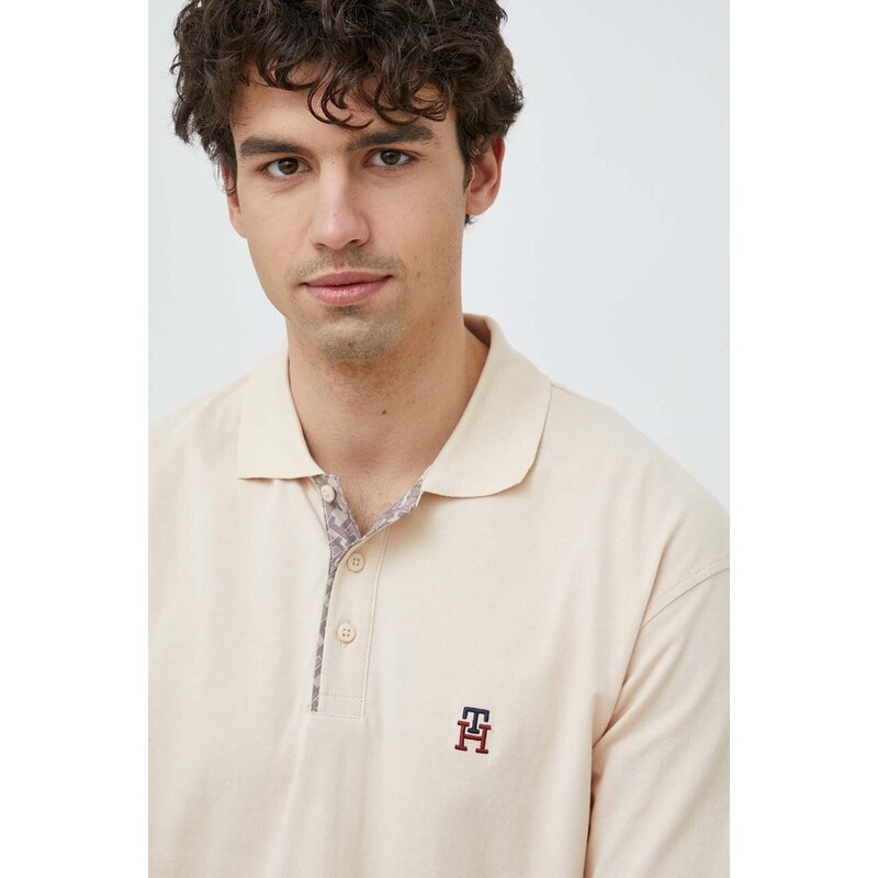 Bavlněné polo tričko Tommy Hilfiger béžová barva, s aplikací