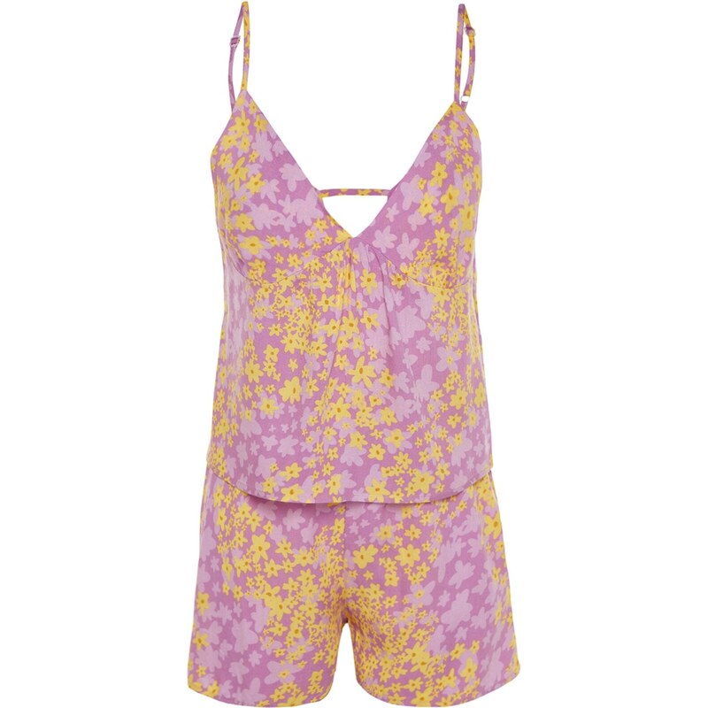 Trendyol Floral Back Window/Cut Out Detailed Viscose Singlets-Shorts, Woven Pajamas Set