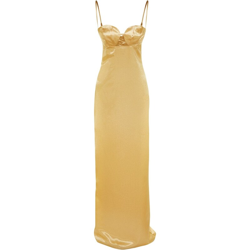 Trendyol světle žlutá vazba saténové dlouhé večerní šaty s oknem / výřezem detail