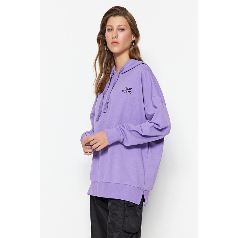 Trendyol Purple Wide fit Oversize Knitted Embroidery Detail Hooded Sweatshirt