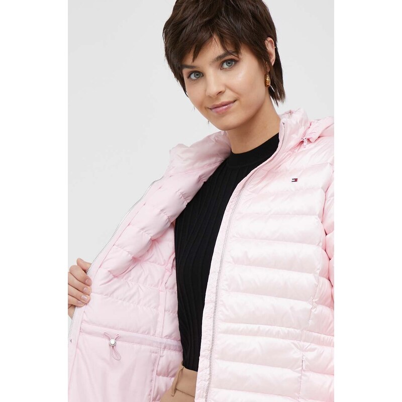 Péřová bunda Tommy Hilfiger dámská, růžová barva, přechodná