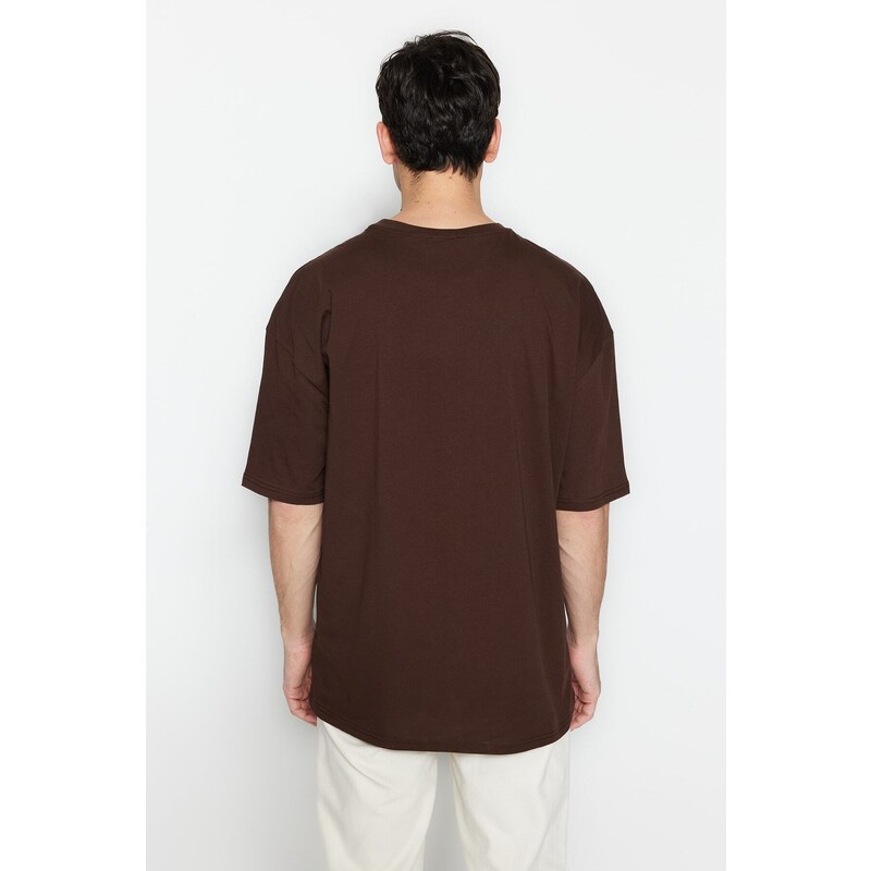 Trendyol Brown Oversize/Wide Cut Animal Embroidery Short Sleeve 100% Cotton T-Shirt