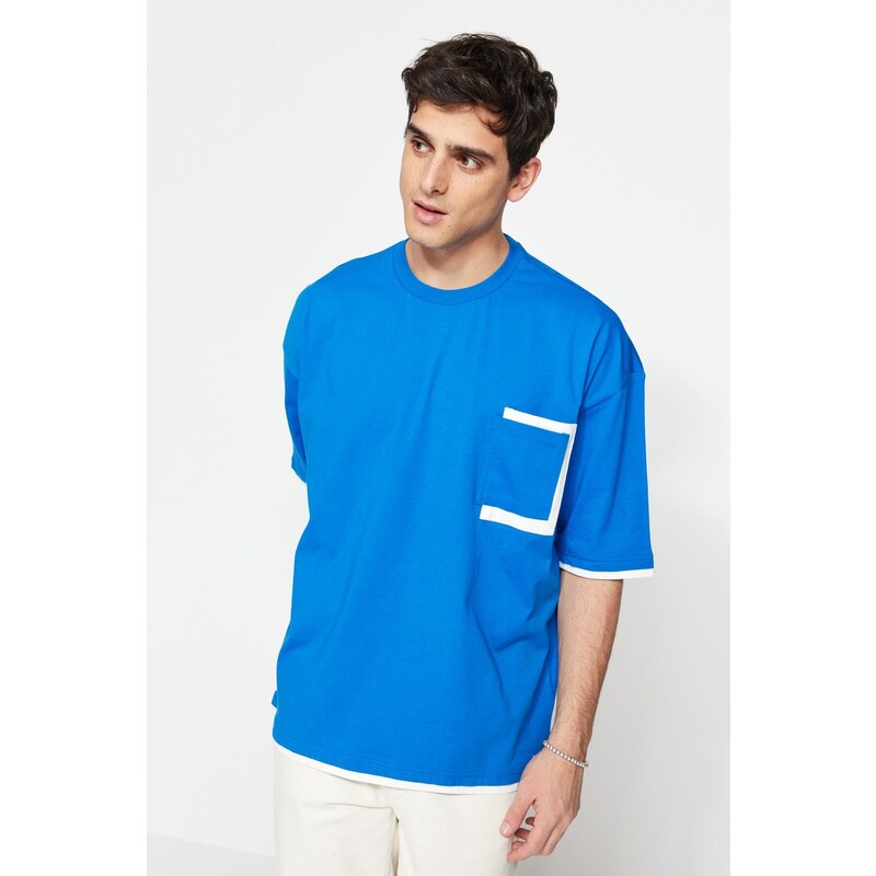 Trendyol Blue Oversize Pocket Color Block 100% Cotton T-Shirt