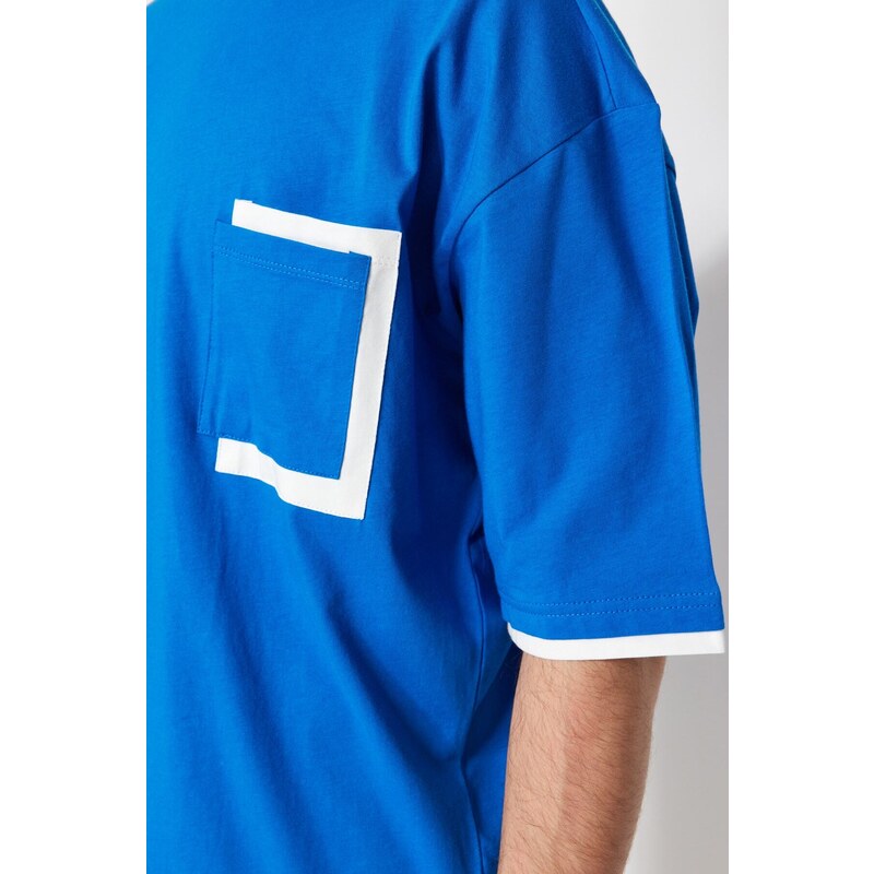 Trendyol Blue Oversize Pocket Color Block 100% Cotton T-Shirt