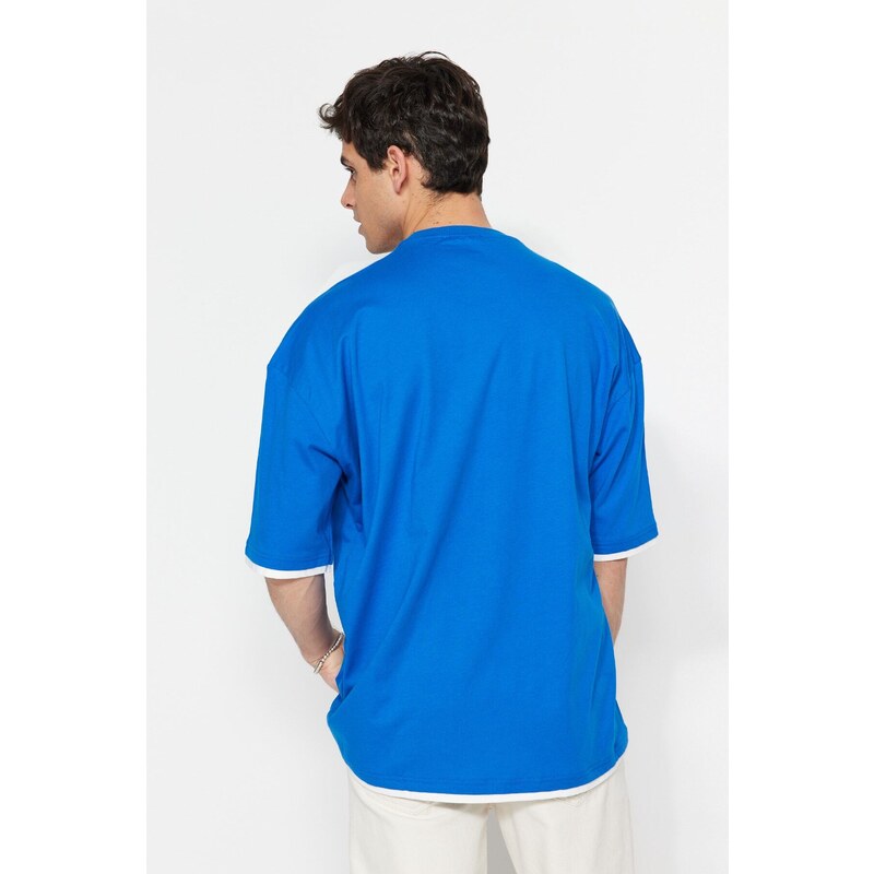 Trendyol Blue Oversize Pocket Color Block 100% Cotton T-Shirt