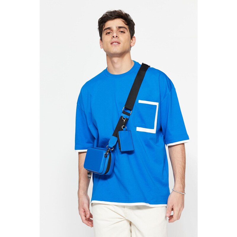 Trendyol Blue Oversize Pocket Color Block 100% Cotton T-Shirt