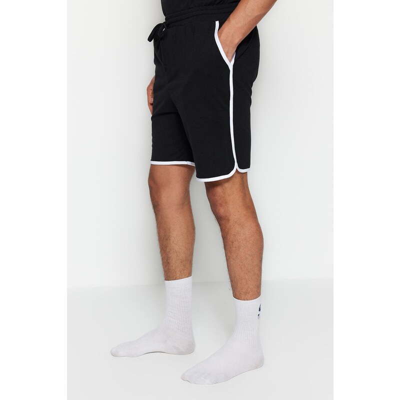 Trendyol Black Regular Fit Crew Neck Sleeve Striped Pajamas Set with Shorts