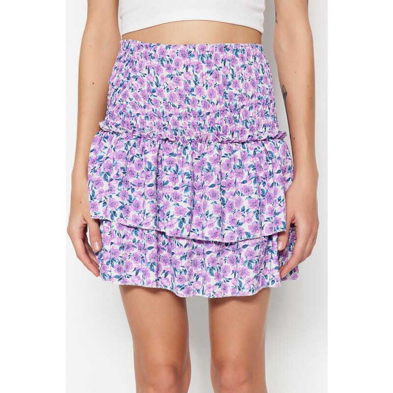 Trendyol Purple Floral Patterned Skirt With Ruffle High Waist Crescent Mini Knitted Skirt