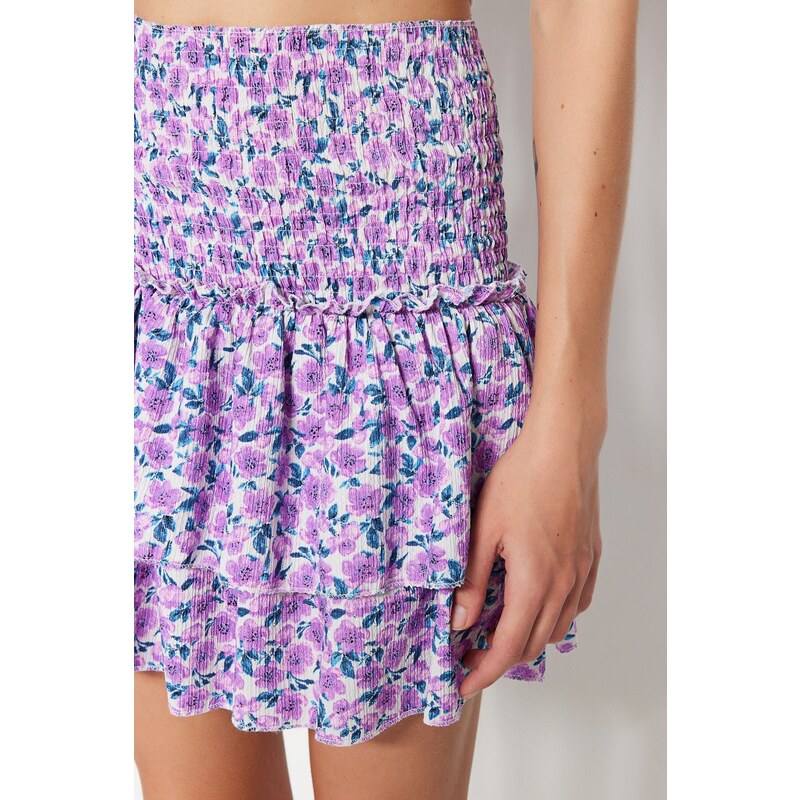 Trendyol Purple Floral Patterned Skirt With Ruffle High Waist Crescent Mini Knitted Skirt