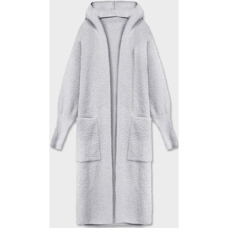 MADE IN ITALY Světle šedý dlouhý vlněný přehoz přes oblečení typu alpaka s kapucí (M105)