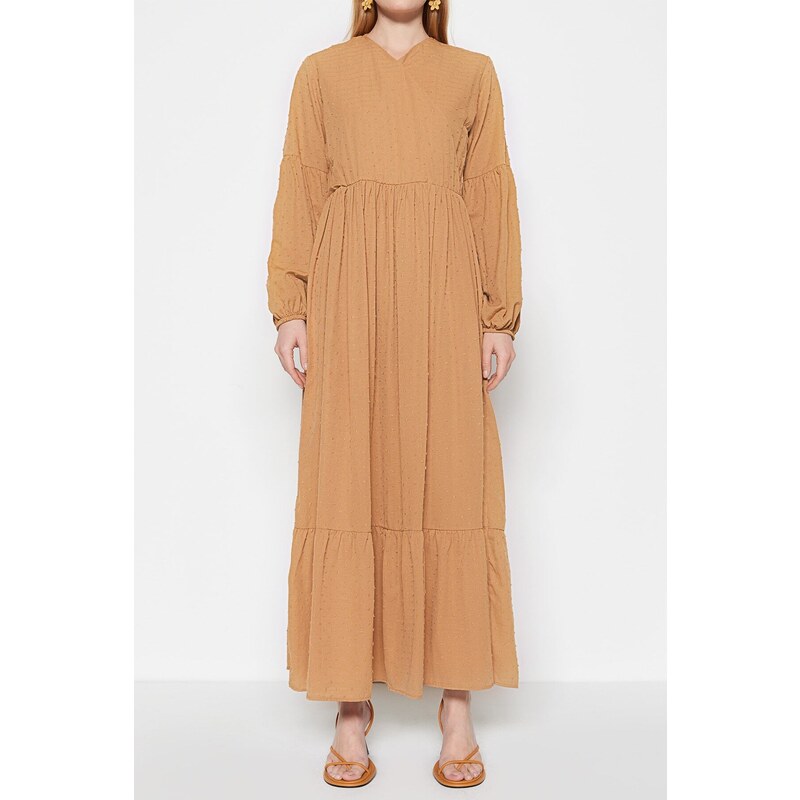 Trendyol Camel Textured Fabric Double Breasted Neck Woven Dress