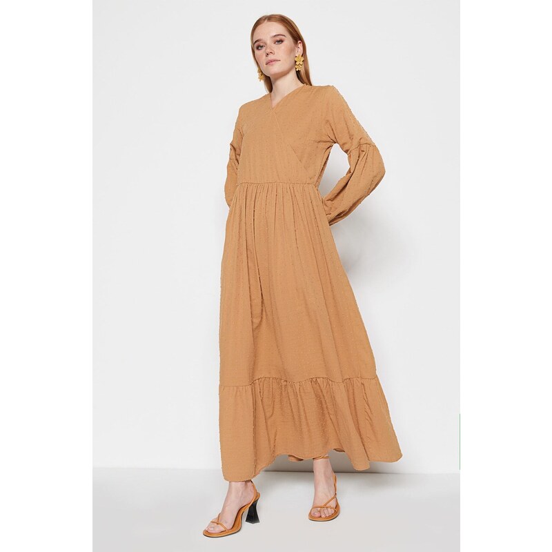 Trendyol Camel Textured Fabric Double Breasted Neck Woven Dress