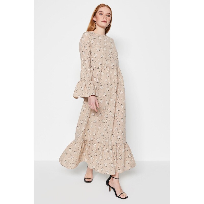 Trendyol Dark Beige Floral Patterned Woven Cotton Dress with Flounce Detail on the Sleeves