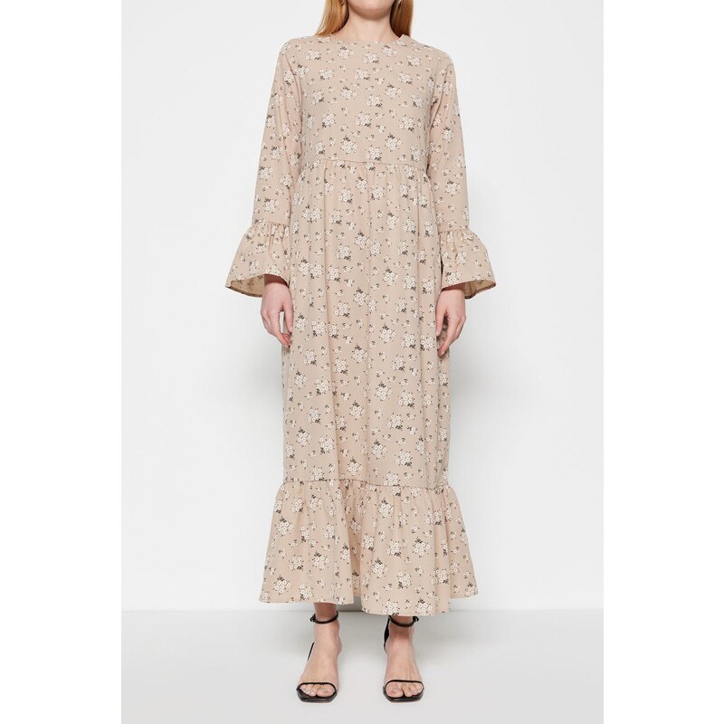 Trendyol Dark Beige Floral Patterned Woven Cotton Dress with Flounce Detail on the Sleeves