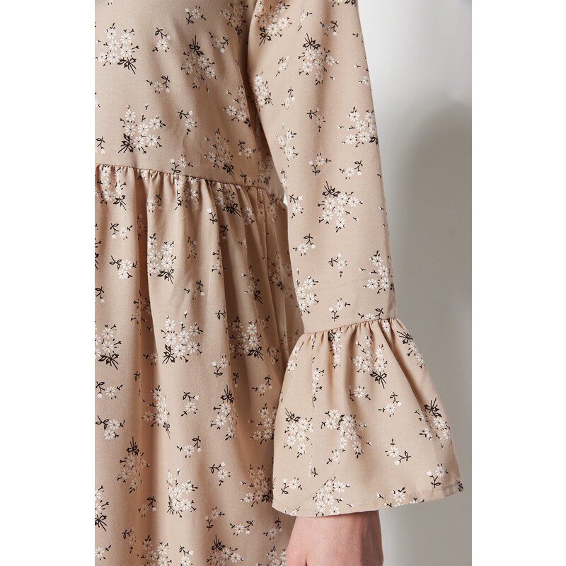 Trendyol Dark Beige Floral Patterned Woven Cotton Dress with Flounce Detail on the Sleeves