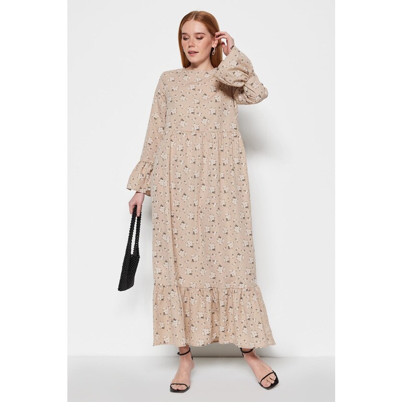 Trendyol Dark Beige Floral Patterned Woven Cotton Dress with Flounce Detail on the Sleeves