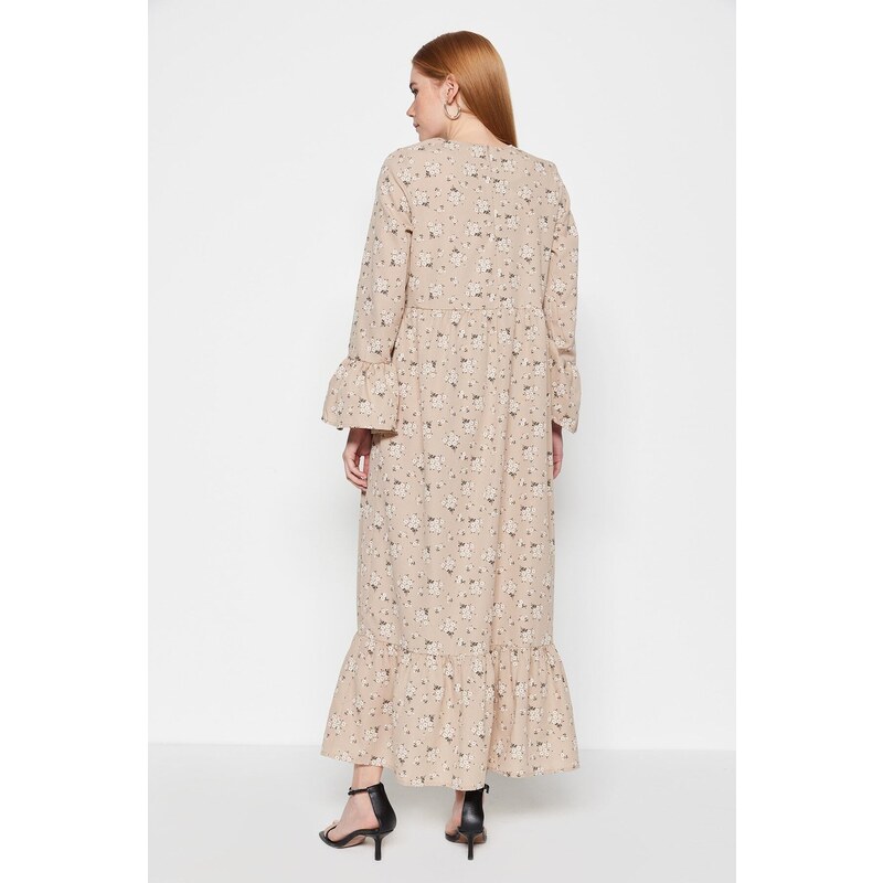 Trendyol Dark Beige Floral Patterned Woven Cotton Dress with Flounce Detail on the Sleeves