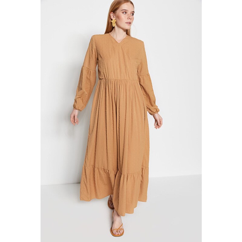 Trendyol Camel Textured Fabric Double Breasted Neck Woven Dress