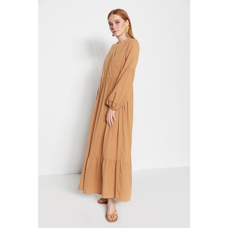 Trendyol Camel Textured Fabric Double Breasted Neck Woven Dress