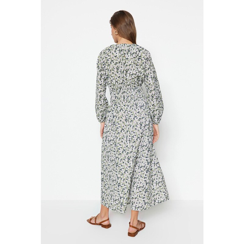 Trendyol světle zelený květinový vzor Gimped detailní bavlněné tkané šaty