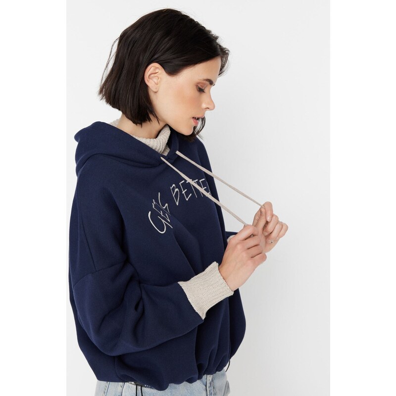 Trendyol Navy Blue Thick Knitted Sweatshirt with a Fleece Inside Tricot Tape Detailed Hoodie