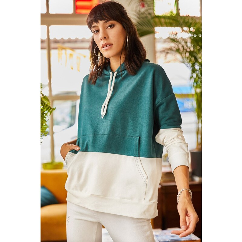 Olalook Women's Emerald Green Contrast Asymmetric Hooded Sweatshirt