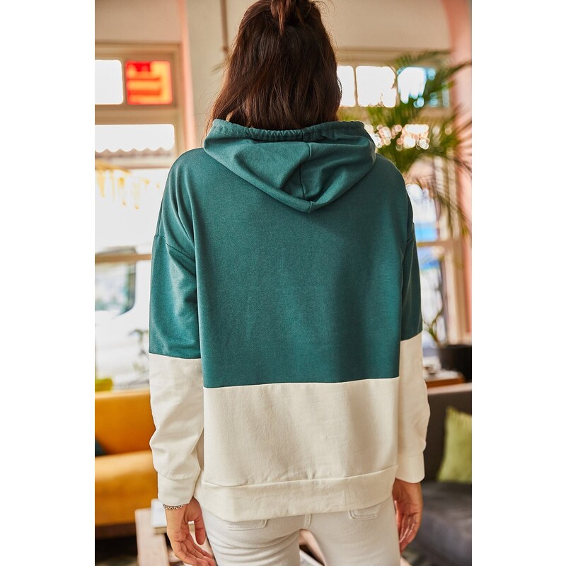 Olalook Women's Emerald Green Contrast Asymmetric Hooded Sweatshirt