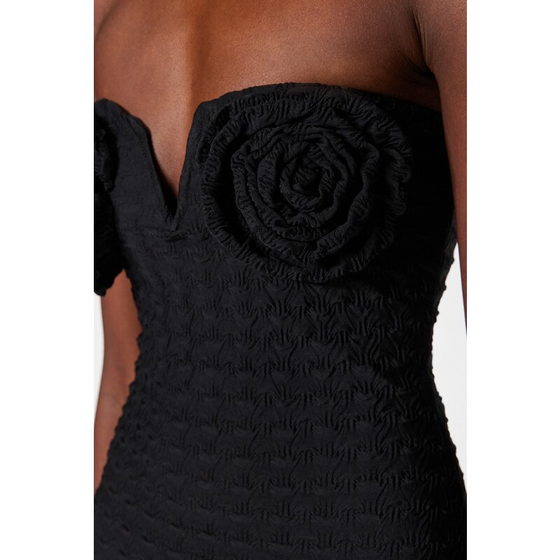 Trendyol Black Fitted Knitted Lined Textured Self-Patterned Stylish Evening Dress