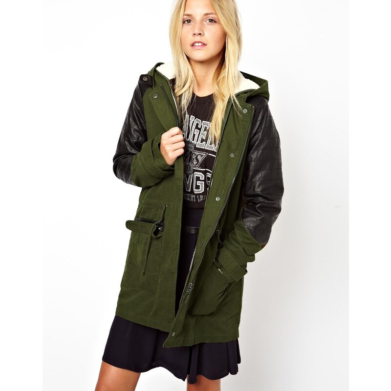 ASOS Parka With Detachable Faux Fur Lining & Pu Sleeve - Green