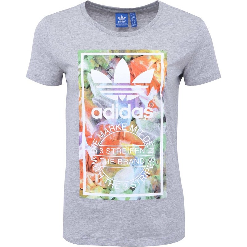 Šedé dámské tričko s logem a barevným potiskem adidas Originals - GLAMI.cz