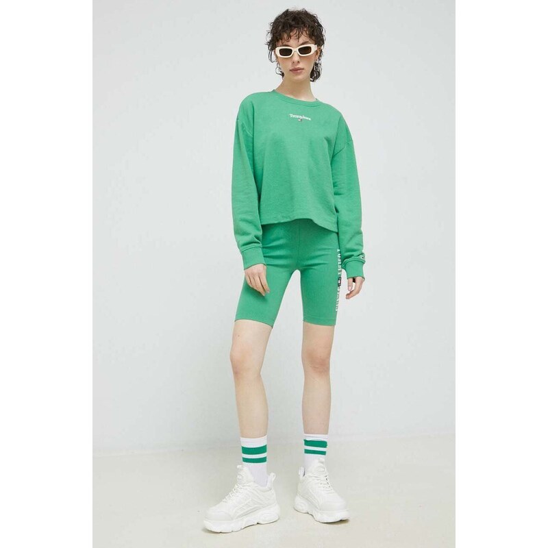 Kraťasy Tommy Jeans dámské, zelená barva, s aplikací, high waist