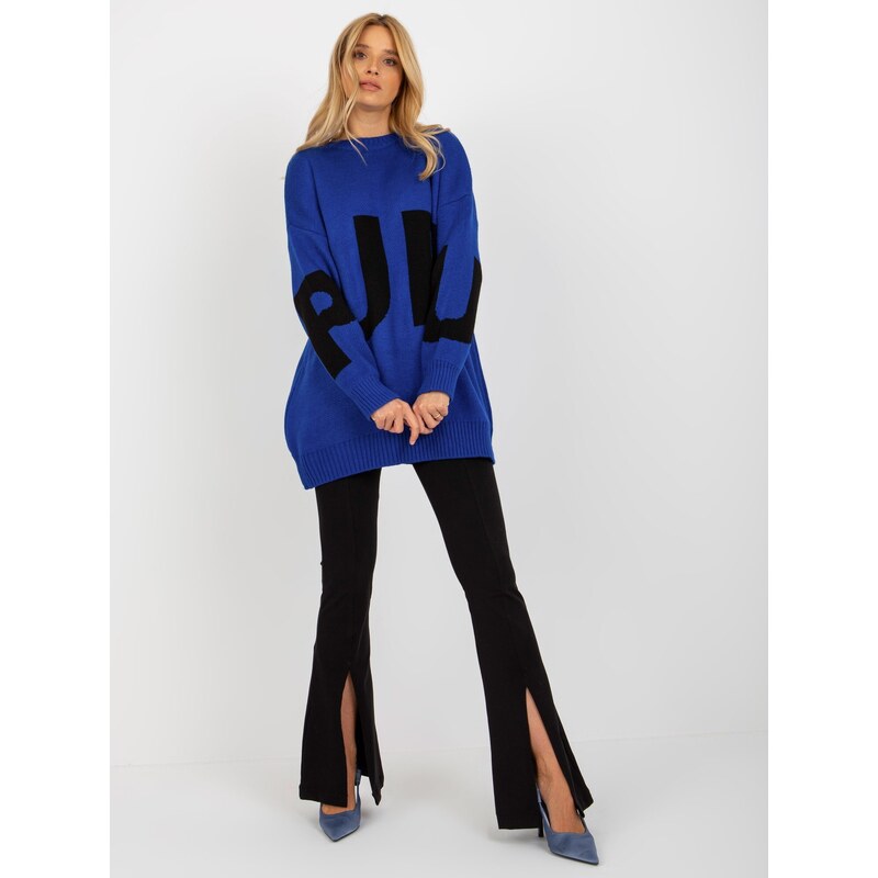 Fashionhunters Kobaltově modrý oversize dlouhý svetr s nápisem RUE PARIS