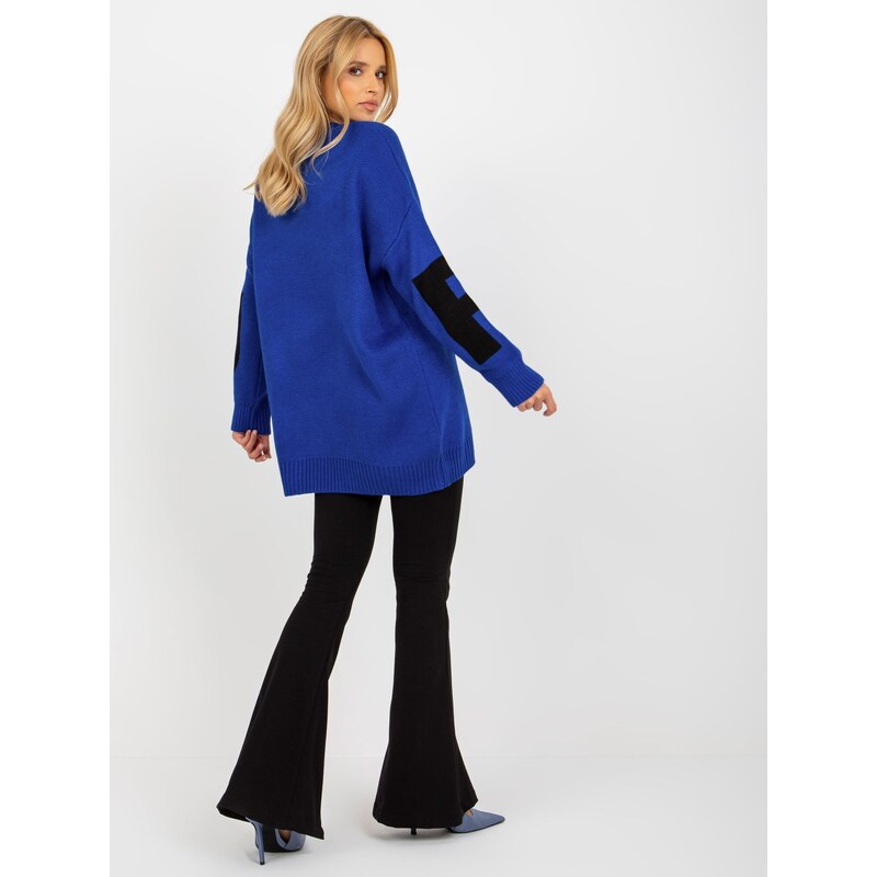 Fashionhunters Kobaltově modrý oversize dlouhý svetr s nápisem RUE PARIS