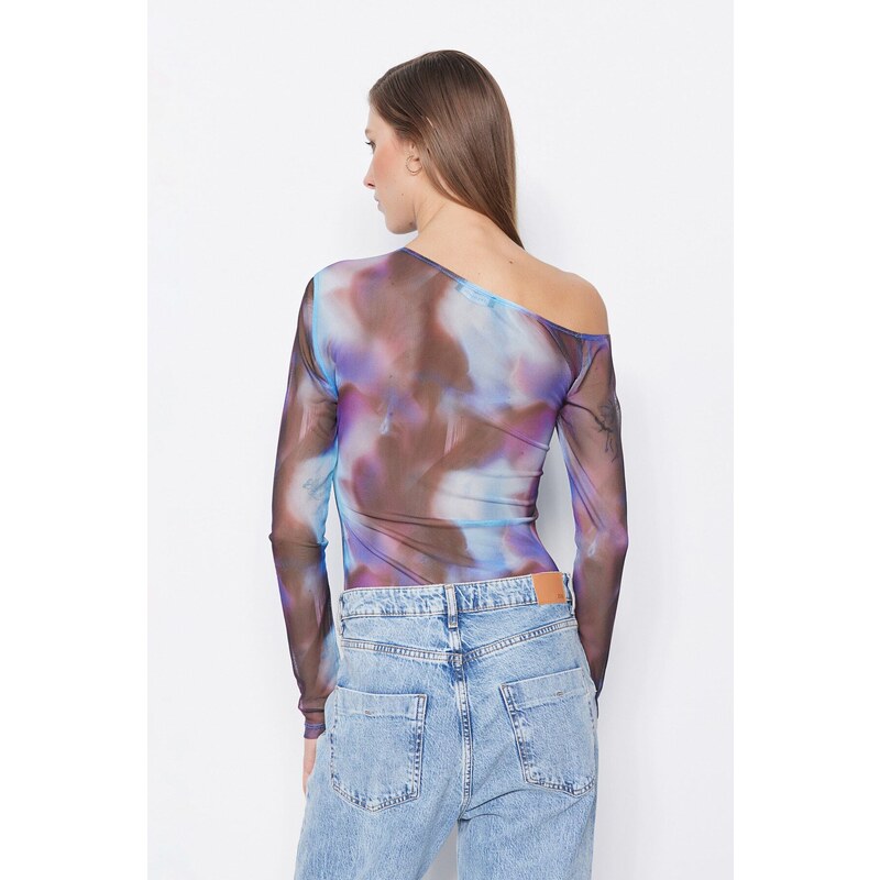 Trendyol Blue Patterned Tulle Back Sheer Transparent Fitted/Sticky Snaps Knitted Bodysuit