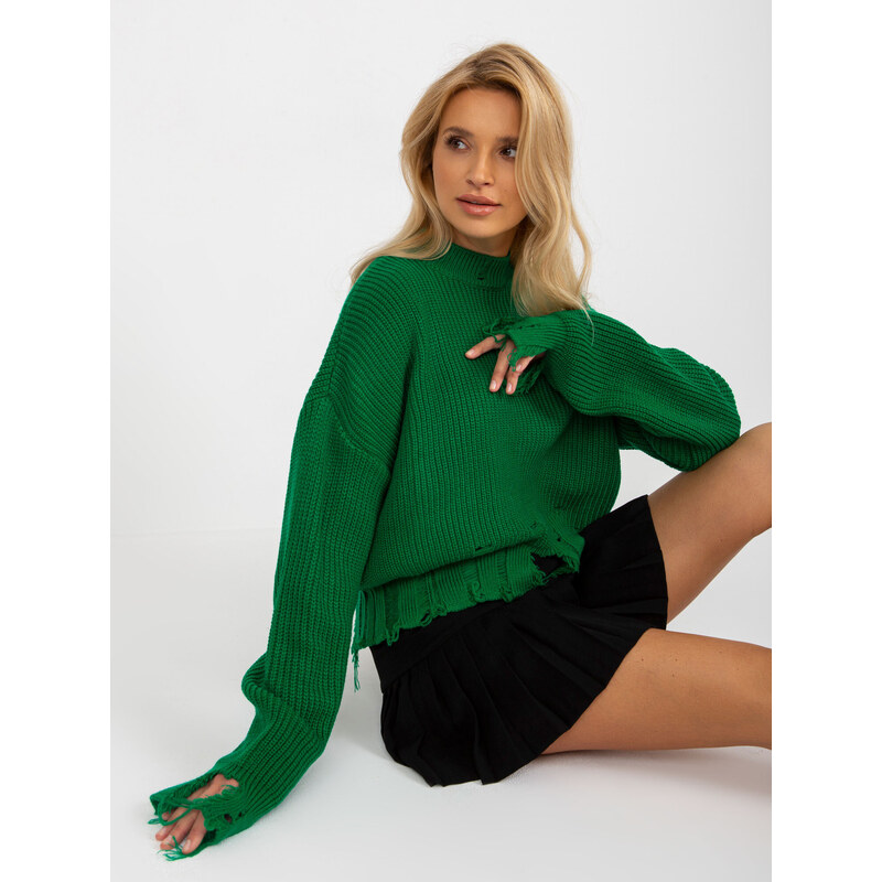 Fashionhunters Zelený volný asymetrický svetr s dírami od RUE PARIS
