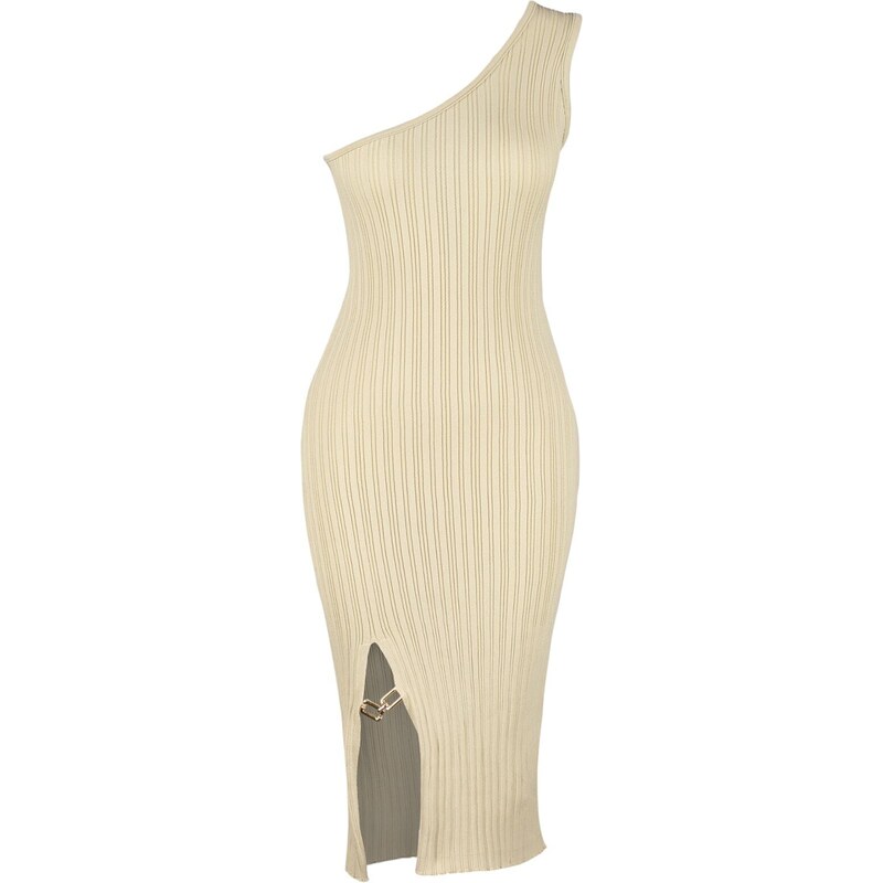 Trendyol Beige Mini pletené řetízkové šaty s detailem