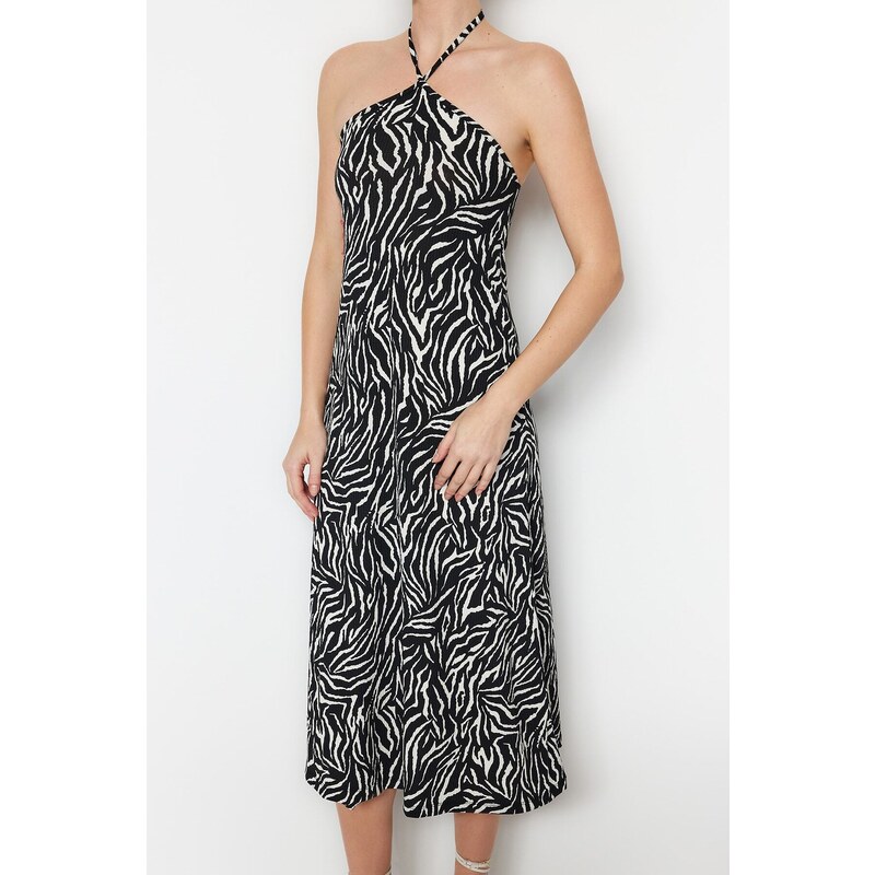 Trendyol Black Zebra Patterned Barbell Neck Shift/Straight Midi Knitted Dress