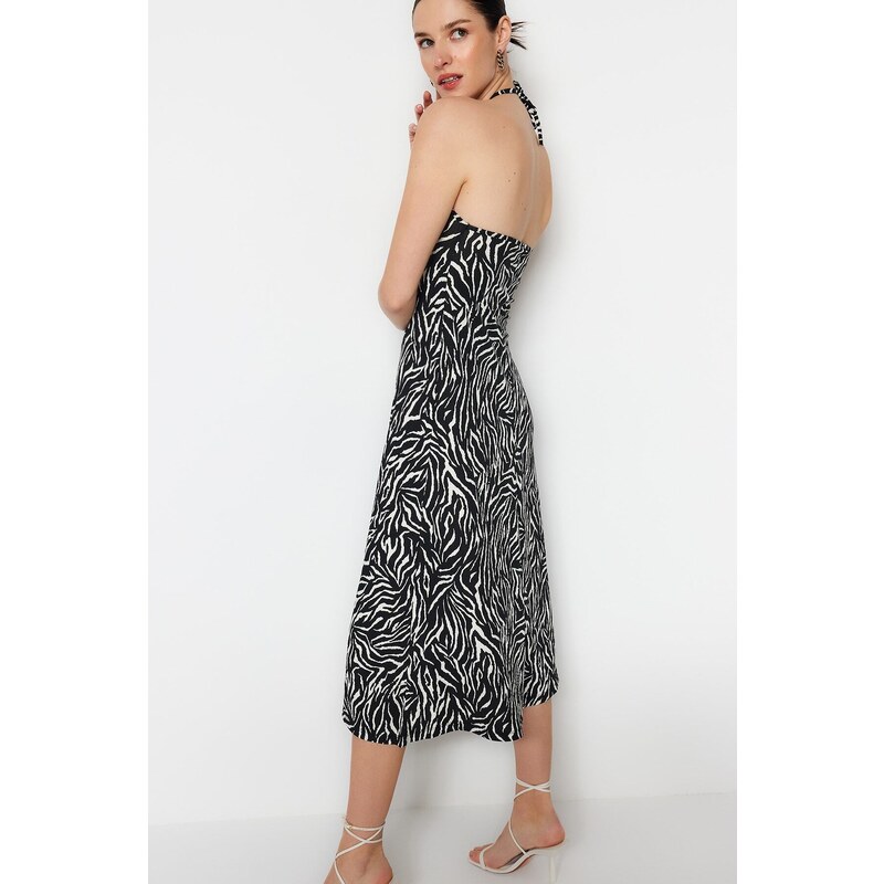 Trendyol Black Zebra Patterned Barbell Neck Shift/Straight Midi Knitted Dress