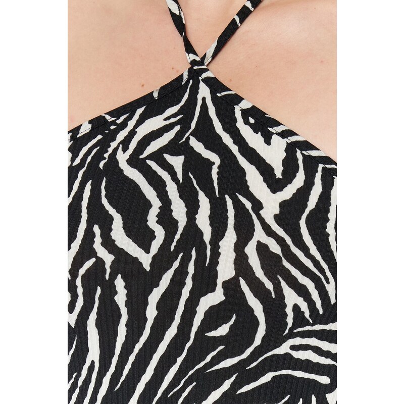 Trendyol Black Zebra Patterned Barbell Neck Shift/Straight Midi Knitted Dress