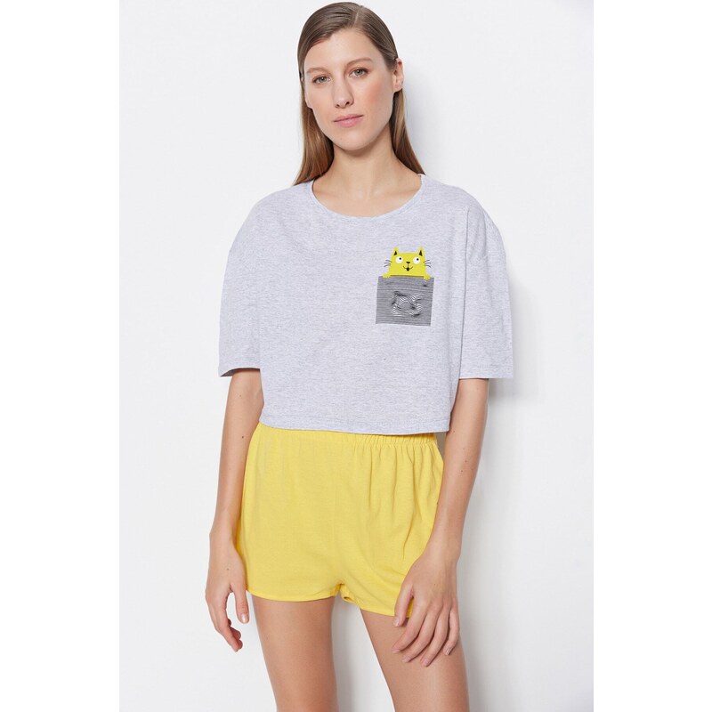 Trendyol Yellow Cotton Printed T-shirt-Shorts Knitted Pajamas Set