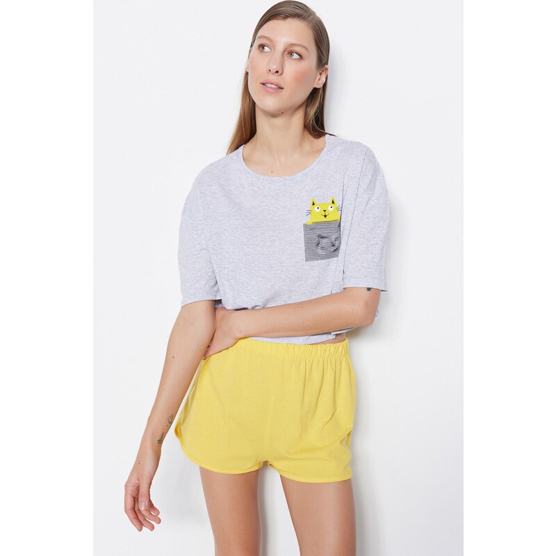 Trendyol Yellow 100% Cotton Printed T-shirt-Shorts Knitted Pajama Set