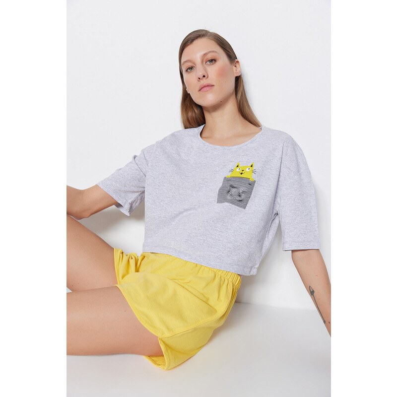 Trendyol Yellow 100% Cotton Printed T-shirt-Shorts Knitted Pajama Set