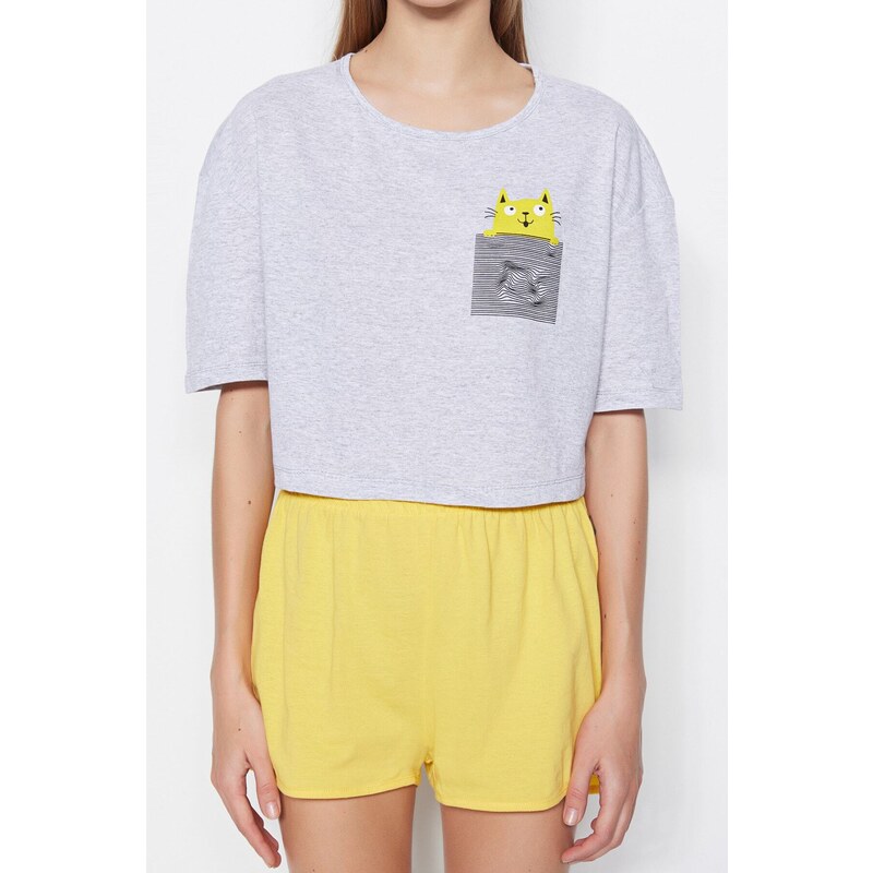 Trendyol Yellow 100% Cotton Printed T-shirt-Shorts Knitted Pajama Set