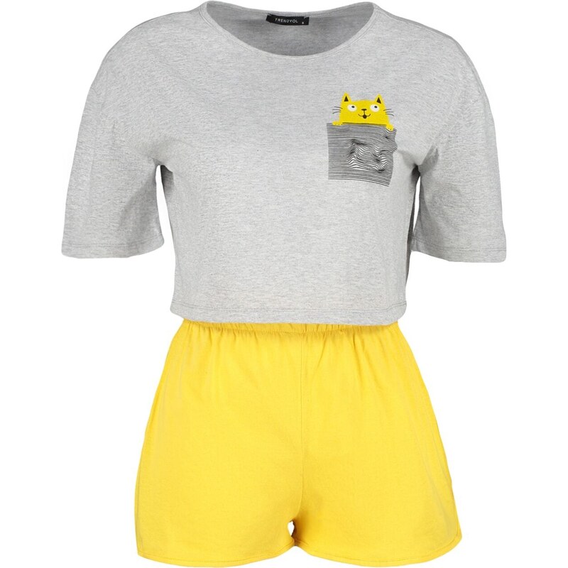 Trendyol Yellow Cotton Printed T-shirt-Shorts Knitted Pajamas Set