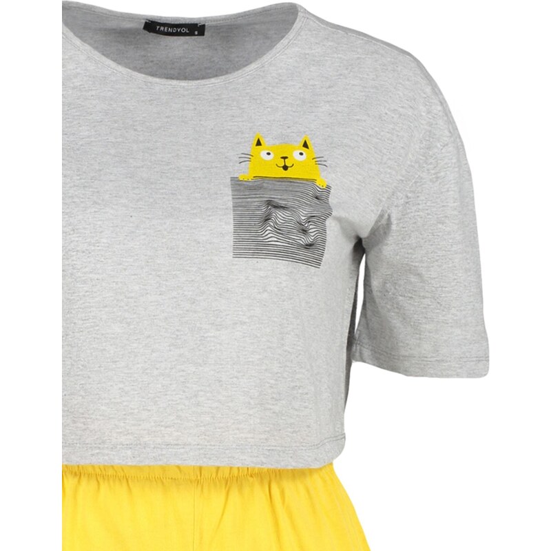 Trendyol Yellow Cotton Printed T-shirt-Shorts Knitted Pajamas Set