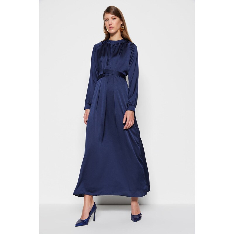 Trendyol Navy Blue Waist Belted Satin Evening Dress