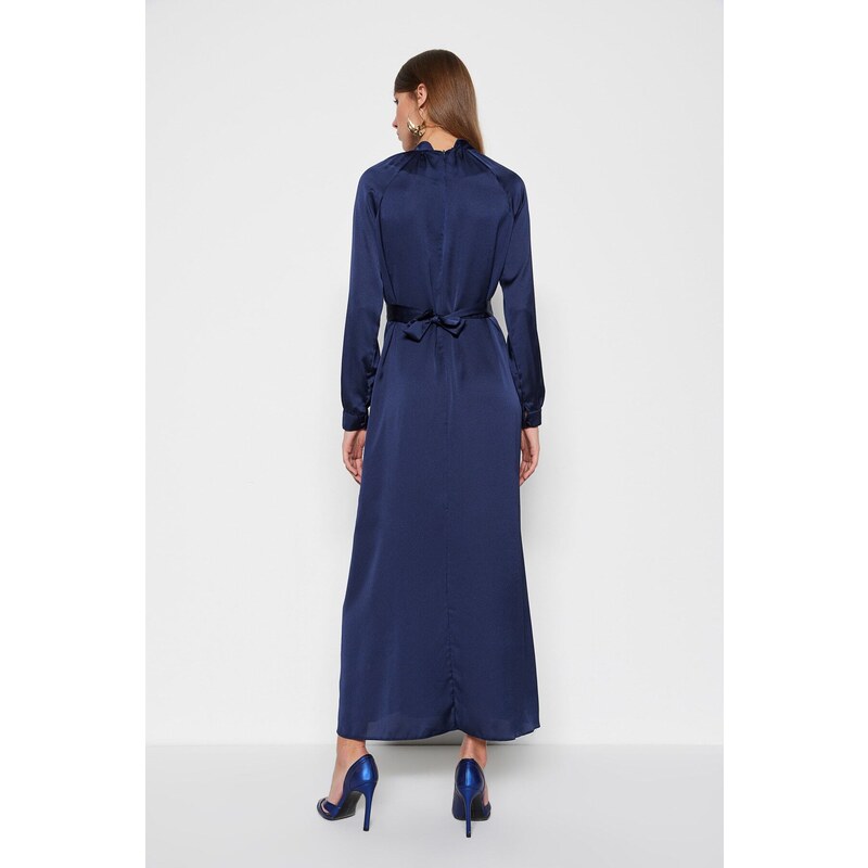 Trendyol Navy Blue Waist Belted Satin Evening Dress