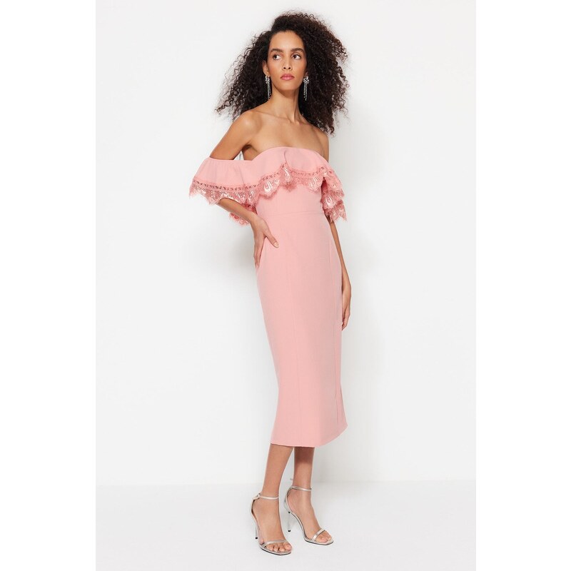 Trendyol Světle Růžové Body-fit Woven Flounce Elegantní Večerní