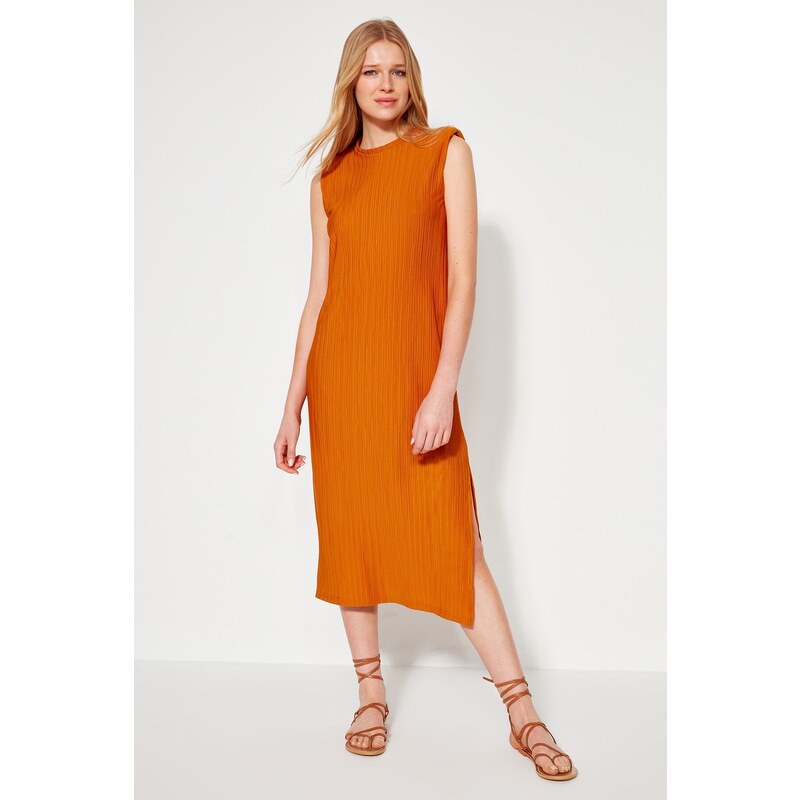 Trendyol Orange Wadding Shift/Plain Plisované midi pletené šaty