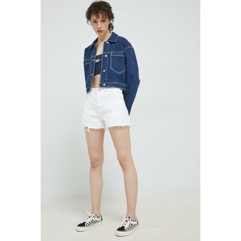 Džínové šortky Tommy Jeans dámské, bílá barva, hladké, high waist